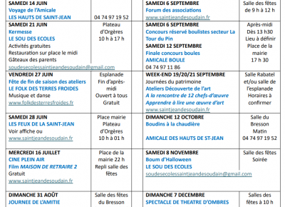 Calendrier des animations de juin à décembre 2025